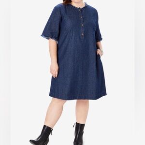 Roaman’s Denim Dress with Frayed Neck and Sleeves